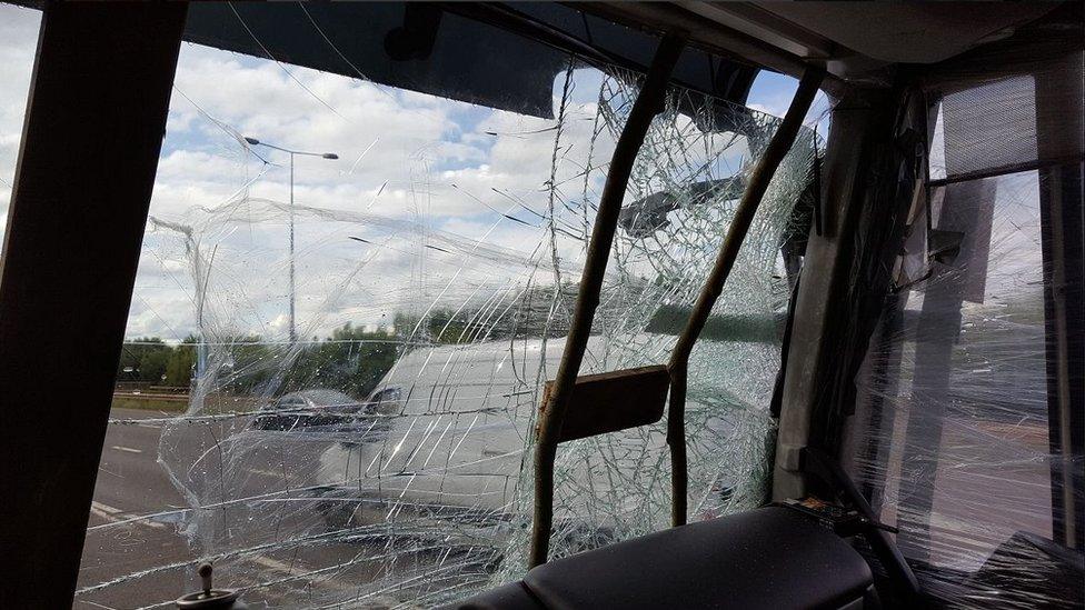 Damaged lorry windscreen