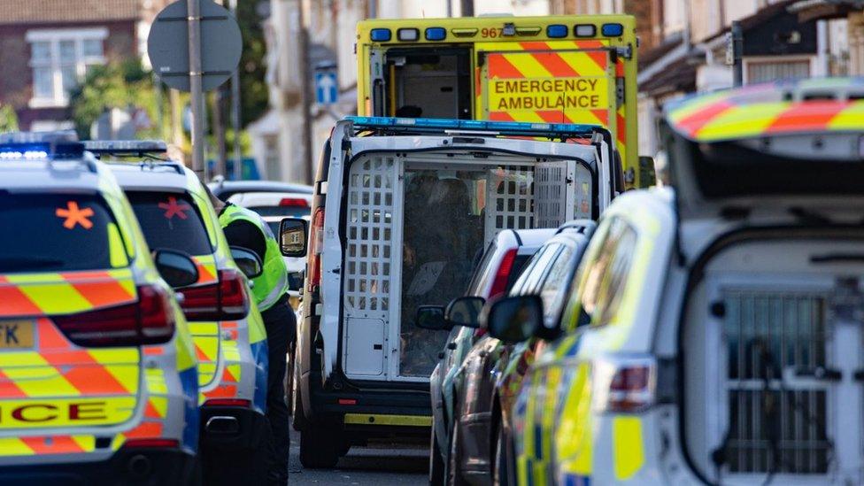 Emergency services vehicles in Cromwell Road, Peterborough