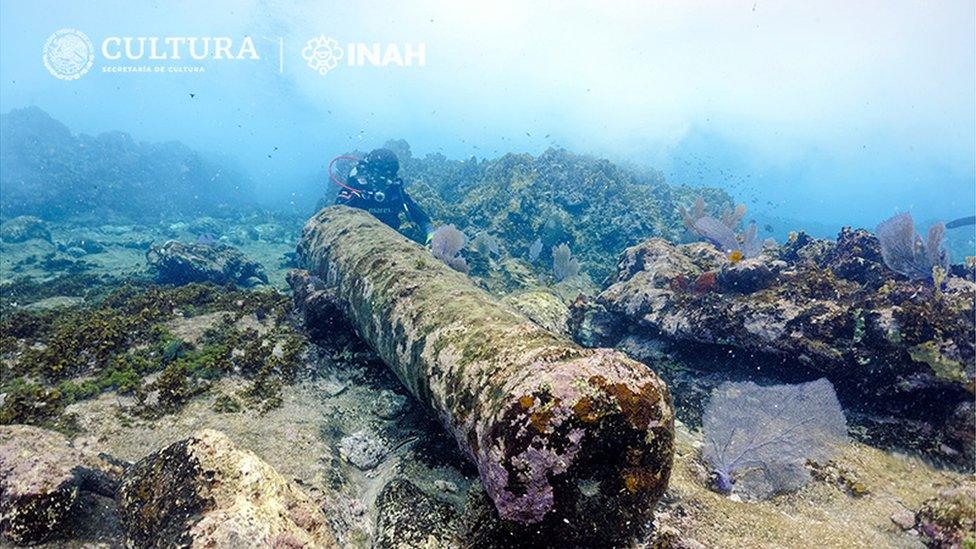 View of the cannon of a shipwreck discovered off the coast of Mexico