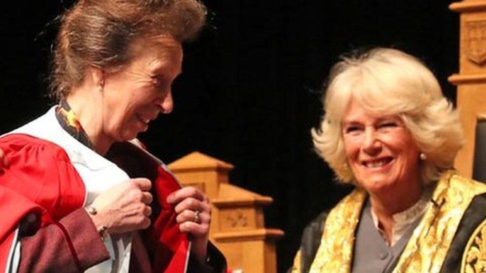 Princess Anne receives an honorary degree from the Duchess of Rothesay at the University of Aberdeen.