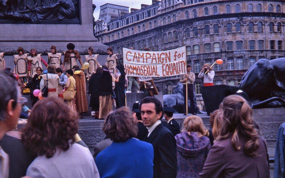 People attend the first official UK Gay Pride Rally in Trafalgar Square, London, in 1972