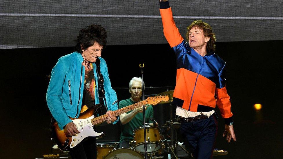 Ronnie Wood, Charlie Watts and Mick Jagger of The Rolling Stones perform onstage during Desert Trip at the Empire Polo Field on October 7, 2016 in Indio, California