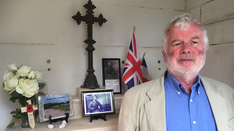 John Stephens at his uncle Tomos Stephens' graveside in Verrieres