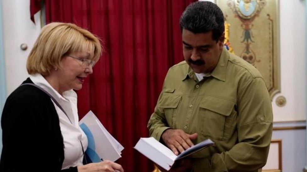 Venezuela's chief prosecutor Luisa Ortega Diaz, Venezuela's President Nicolas Maduro and Jorge Rodriguez, mayor of Caracas, attend a meeting at Miraflores Palace in Caracas, Venezuela April 1, 2017.