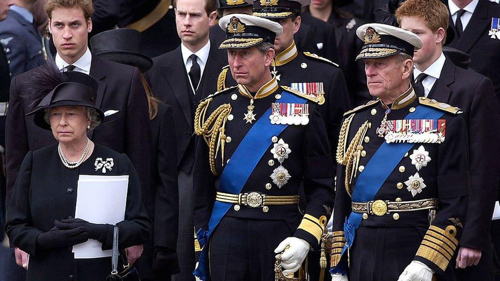 Another sad day for the Royal Family as they gather at Westminster Abbey for the funeral of the Queen Mother who had lived to the age of 101. Queen Elizabeth II, Prince Charles the Prince Of Wales, Prince Philip and Prince William are pictured here.