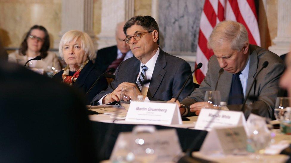 The US Financial Security Oversight Council in session, chaired by Treasury Secretary Jacob Lew (centre)