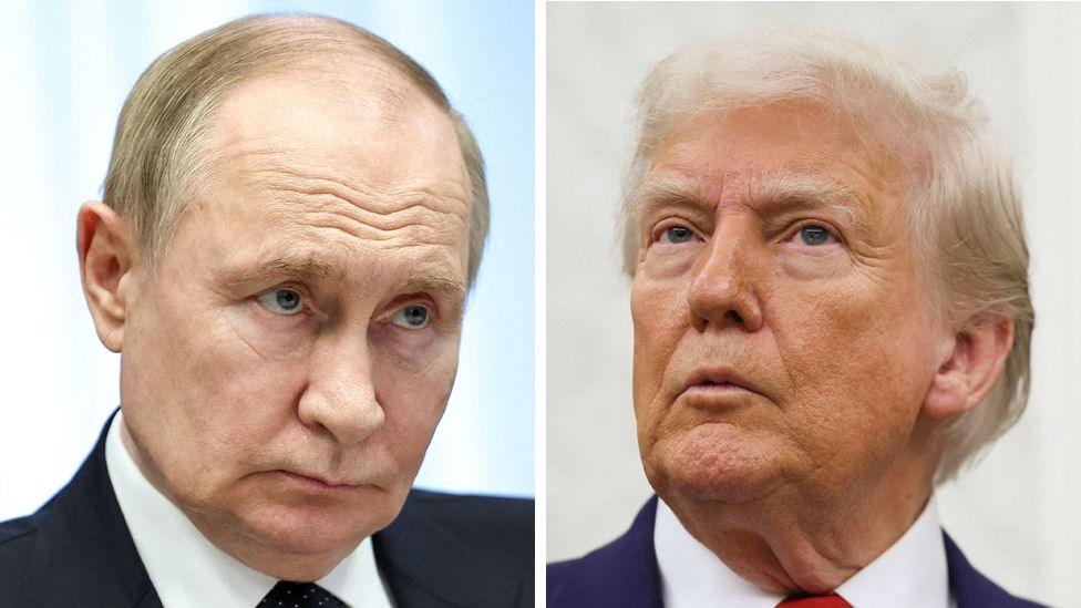 On the left is a picture of Russian President Vladimir Putin wearing a black tie and suit and white shirt, his eyebrows raised, looking serious. On the right is a picture of US President Donald Trump also looking serious, wearing a blue suit, red tie and white shirt.