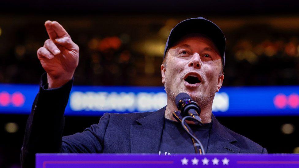 Elon Musk points to the crowd as he speaks during a campaign rally for Republican presidential nominee, former U.S. President Donald Trump at Madison Square Garden on 27 October 2024 in New York City, US