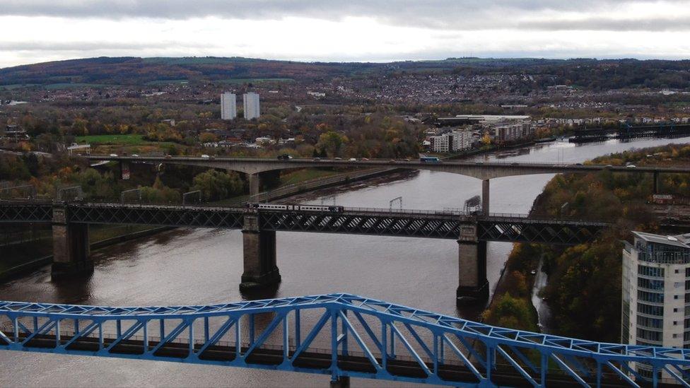 Aerial view of railway line crossing the Tyne at Newcastle