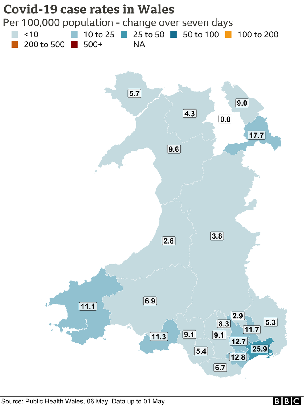 Map showing cases across Wales