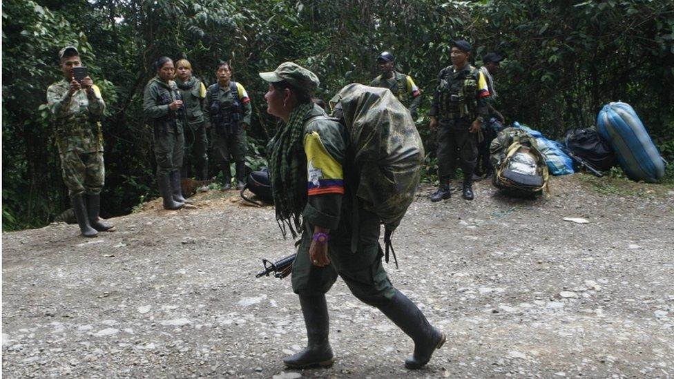 A female Farc rebel carrying her rucksack walks past her comrades in Cauca, Colombia, on 31 January 2017.