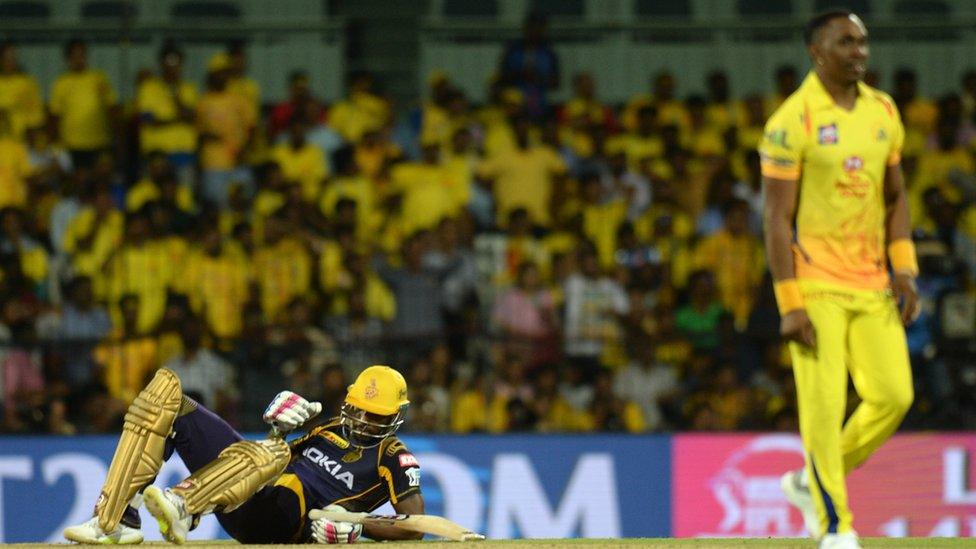 Scene from an Indian Premier League (IPL) Twenty20 cricket match between Chennai Super Kings and Kolkata Knight Riders.