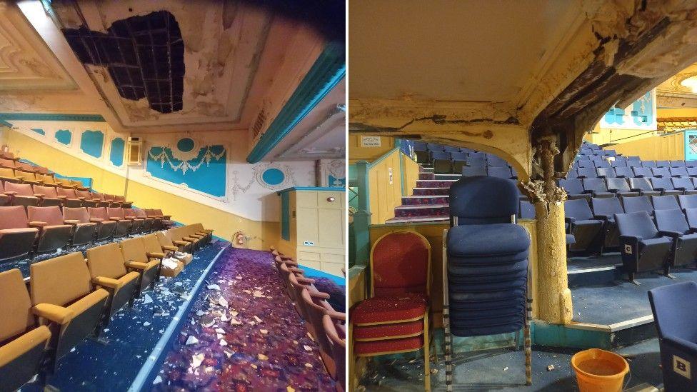 Two pictures side by side of damage on the inside of the Regent Theatre. On the left is a picture of rows of seating where the ceiling above has collapsed. On the right is a picture of chairs which are stacked and more damage to the ceiling.