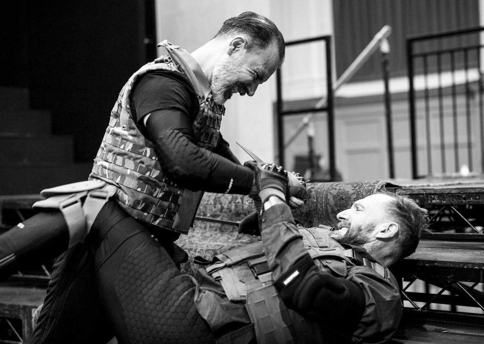 MACBETH in rehearsals. Ben Turner (Macduff) and Ralph Fiennes (Macbeth)