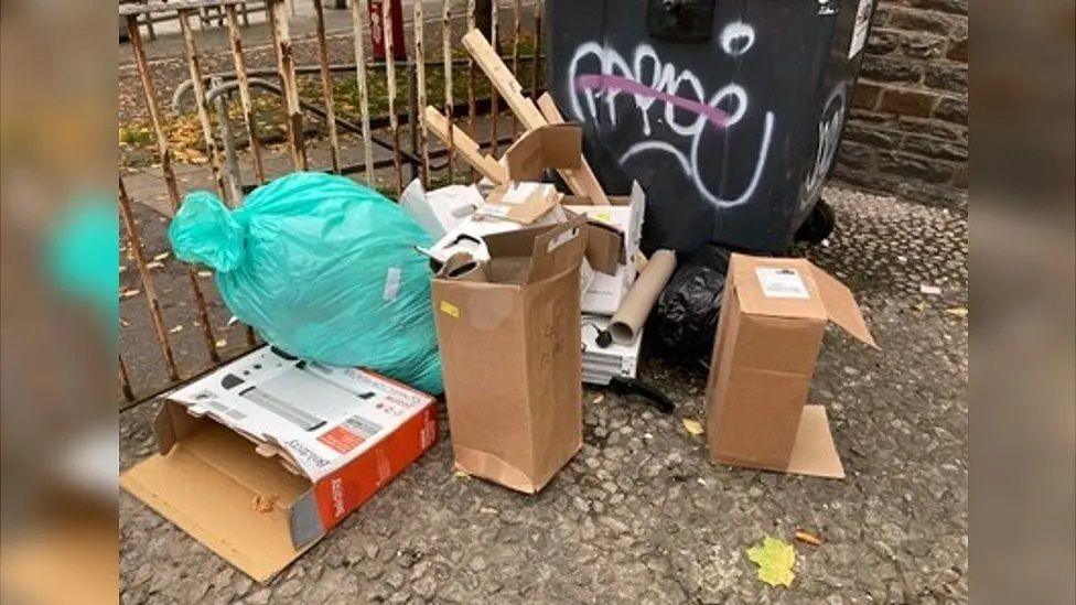 Cardboard boxes and a bag of rubbish discarded next to a black wheelie bin which has been graffitied.