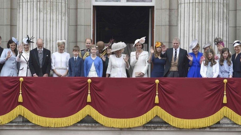 Members of the royal family, including Camilla, Duchess of Cornwall (C) and Catherine, Duchess of Cambridge