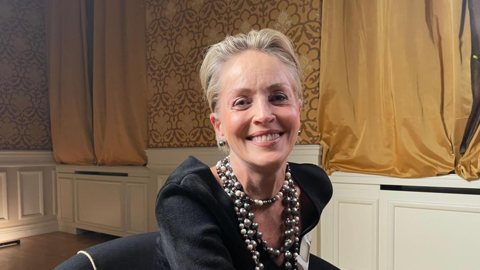 Sharon Stone smiling at the camera wearing a black dress and silver beaded necklace