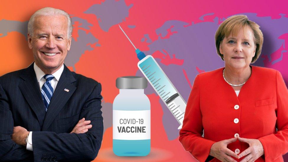 US President Joe Biden and German Chancellor Anglia Merkel in front of a world map and covid vaccine syringe.