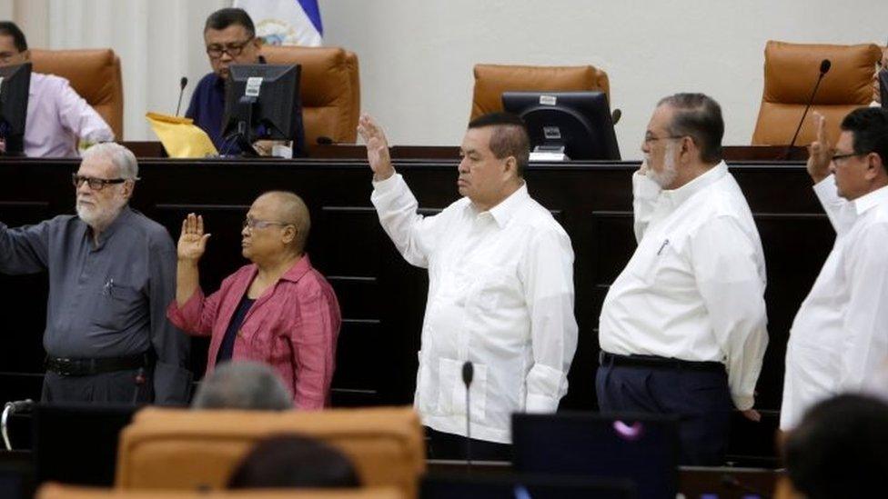 Members of the Truth, Justice and Peace Commission (L to R), Priest Uriel Molina, Mirna Cunigam, Adolfo Jarquin, Cairo Amador and Jaime Francisco Lopez during the swearing-in ceremony at the National Assembly in Managua 6 May 2018