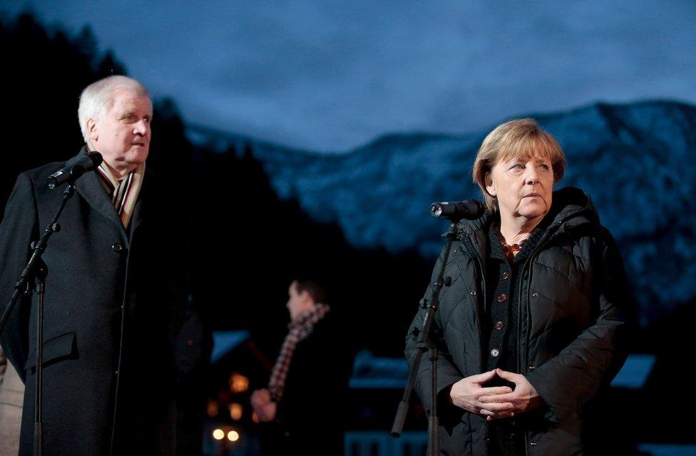 German Chancellor Angela Merkel (r) and Bavarian Governor and Chairman of the Bavarian Christian Democrats (CSU) Horst Seehofer (l) at the annual conference of the CSU at Wildbad Kreuth on January 6 2016