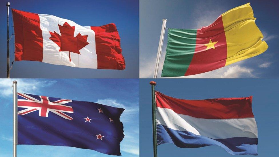 Canada, Cameroon, New Zealand, Netherlands flags