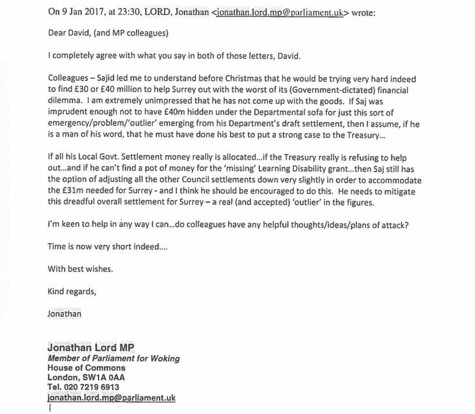 Email fro Jonathan Lord MP to council leader David Hodge