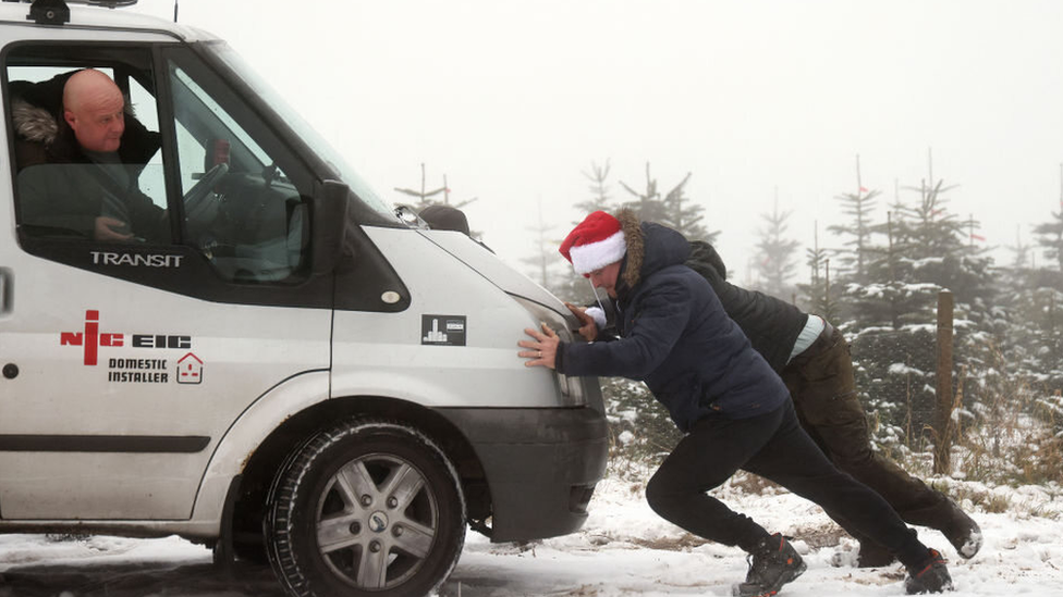 A van stuck in snow in Leicestershire