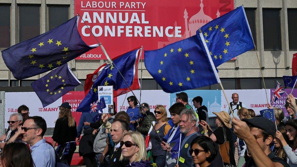 Protesters march along the seafront waving European flags in Brighton