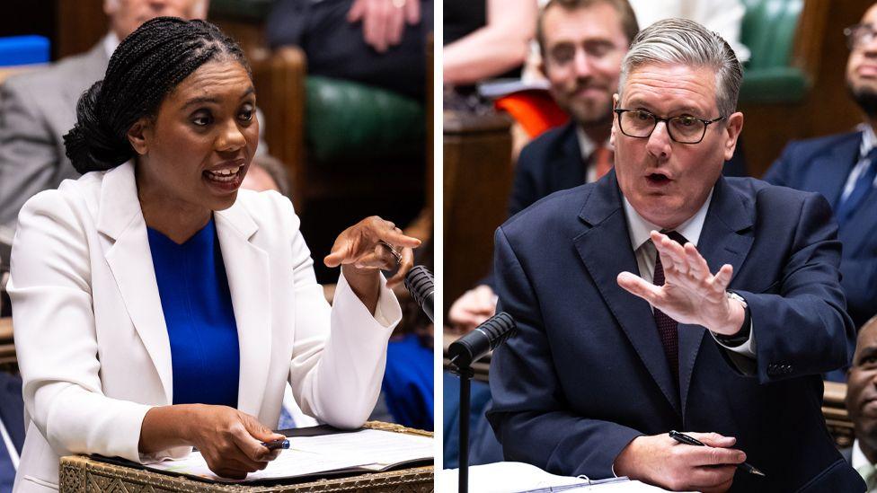 Composite image shows Kemi Badenoch (left) and Keir Starmer (right) gesturing with their hands and speaking expressively in parliament on Wednesday during Prime Minister's Questions. 
