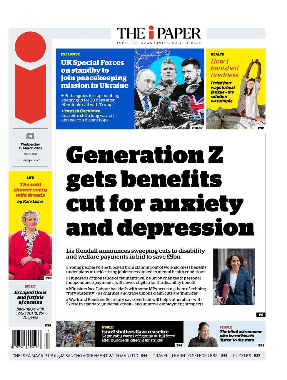 Front page of the I paper for Wednesday 19 March 2025.