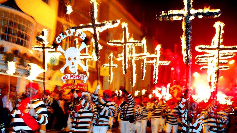 The streets are flooded with parades during Lewes bonfire night