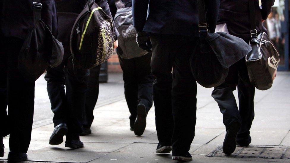 Male pupils in uniform walking together