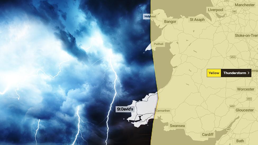 Thunder clouds next to map of Wales