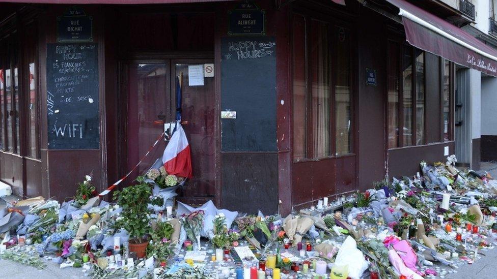 Flowers and candles left outside Le Carillon Bar to remember victims of the Paris attacks