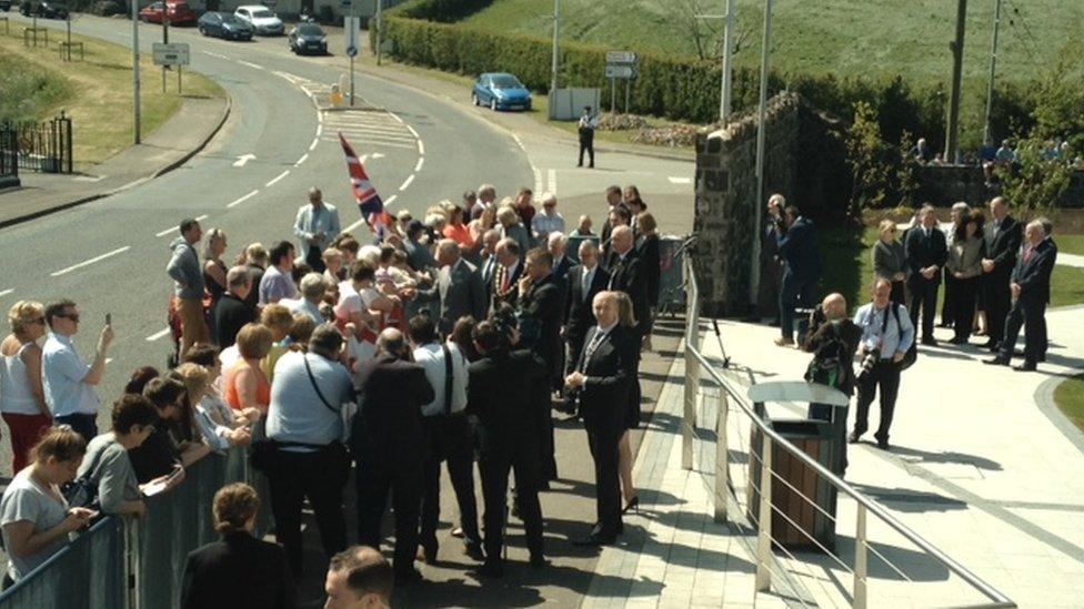 Prince Charles and the Duchess of Cornwall were greeted by well-wishers when they arrived at the Seamus Heaney Homeplace Centre in Bellaghy