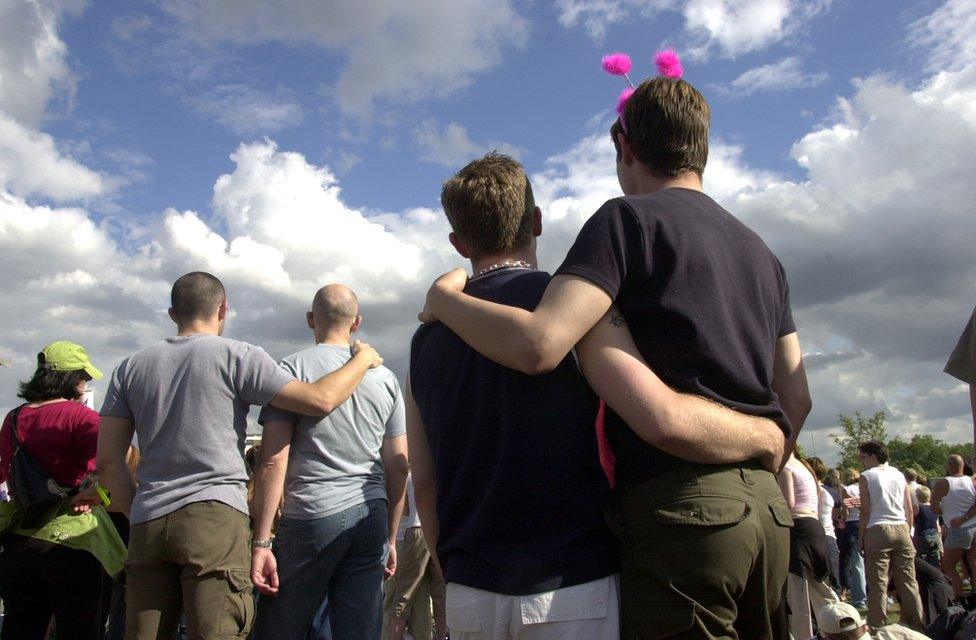 Men at the gay 2001 Mardi Gras, Finsbury Park, London Saturday 30 June 2001