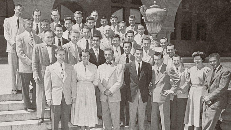 O'Connor poses for a class photograph at Stanford