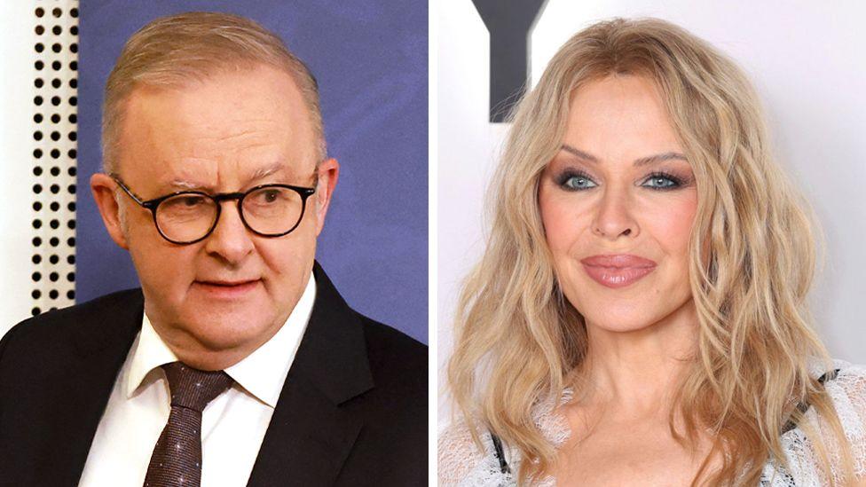 A composite image shows on the left a head and shoulders crop of an image of Albanese looking to the right of frame while wearing glasses and a suit, and on the right a head and shoulders crop of an image of Minogue looking at the camera against a white background.