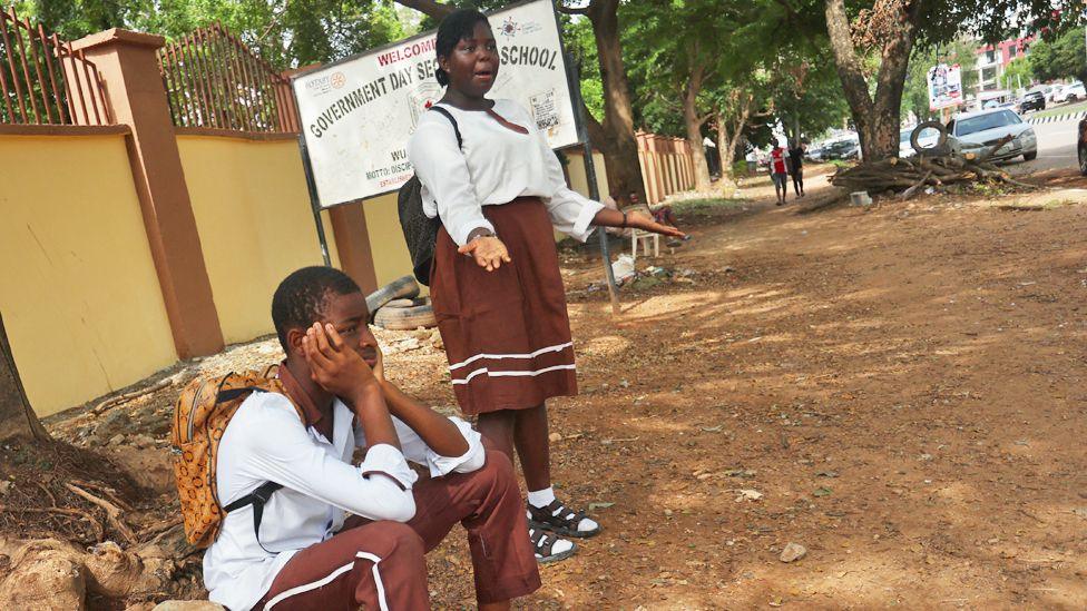 Students stranded outside their school because of national strike in Abuja, Nigeria - Monday 3 June 2024