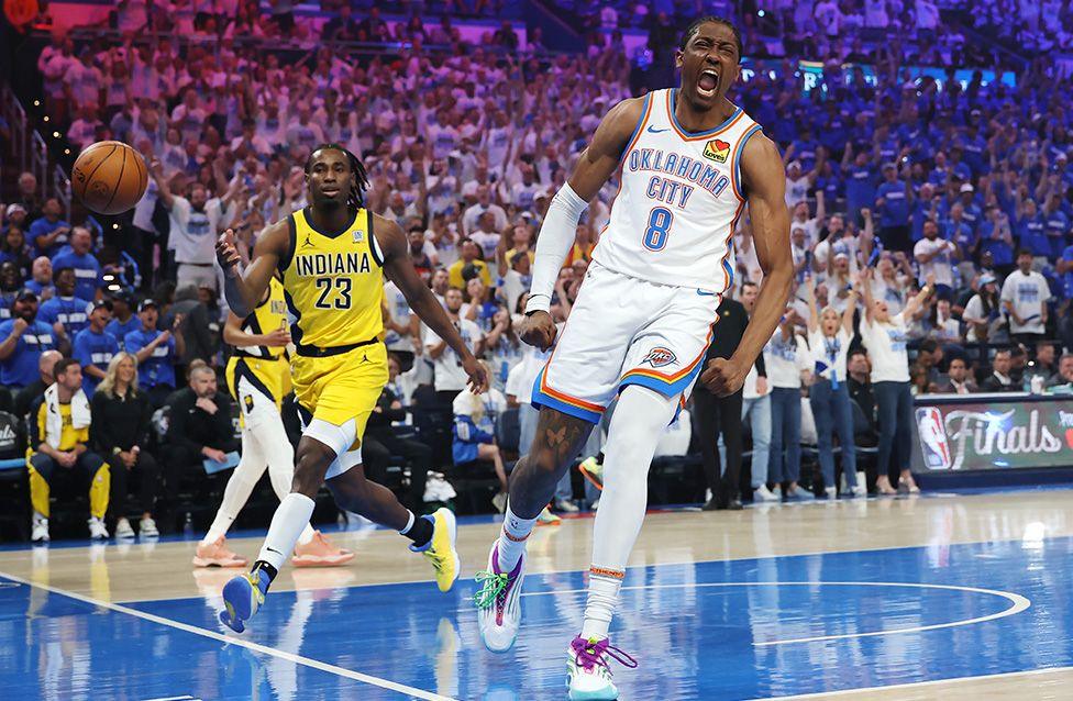 Jalen Williams of the Thunder celebrates a dunk against the Indiana Pacers during the 2025 NBA Finals in Oklahoma City. Photo by Matthew Stockman