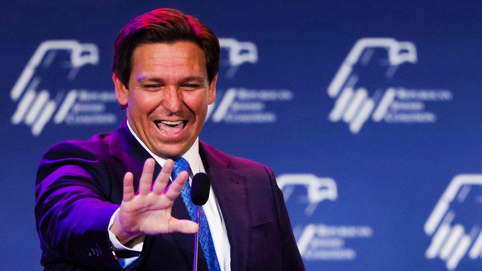 Republican Florida Governor Ron DeSantis waves to supporters