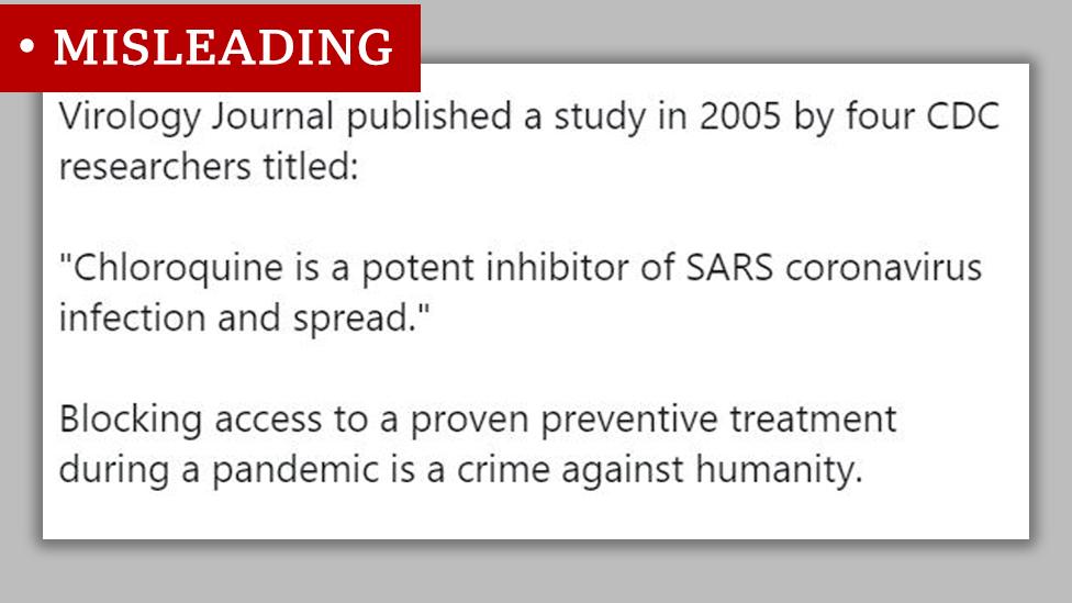 Screenshot of a tweet that claims a 2005 article in the Virology Journal is evidence that chloroquine is a proven treatment. We labelled it "misleading"