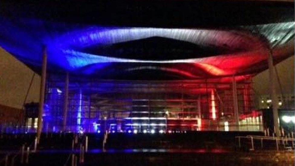 The Senedd lit up with the tricolour