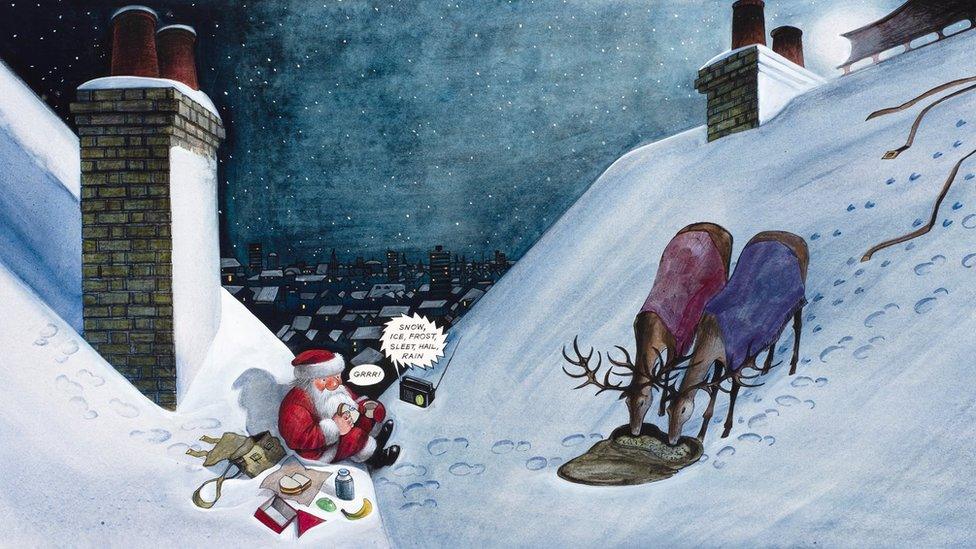 A picture of Father Christmas having a sandwich on a snow covered rooftop beside his deer