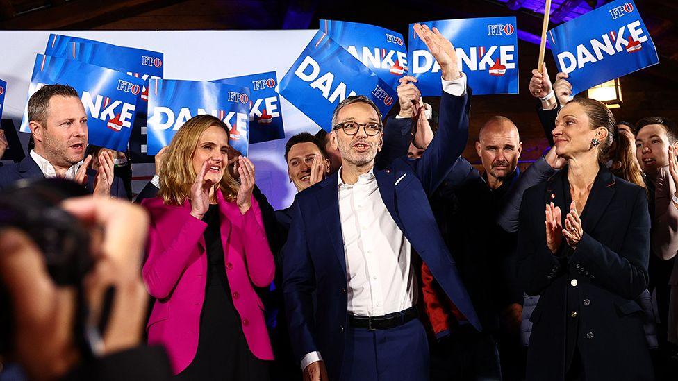 Chairman and top candidate of the Freedom Party of Austria (FPOe) Herbert Kickl (C) celebrates during FPOe election event after parliamentary elections in Vienna, Austria, 29 September 2024