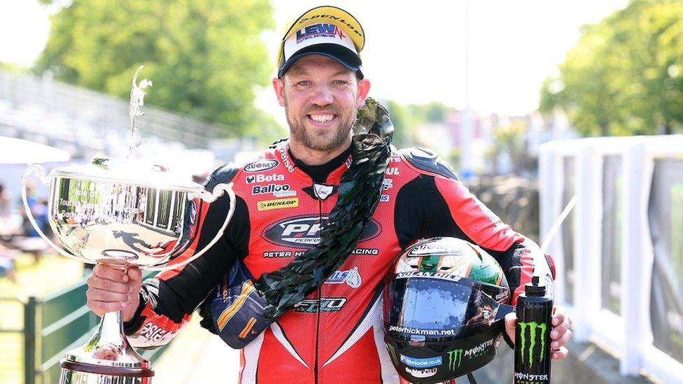 Peter Hickman (PHR Yamaha) celebrates winning the second Supertwin race at the Isle of Man TT today, his 12th TT victory.