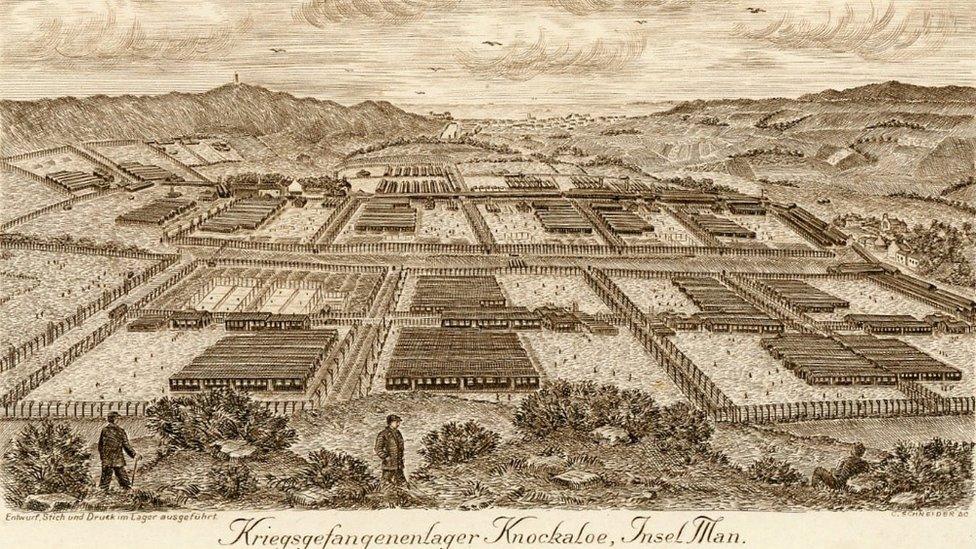 An etching of Knockaloe Internment Camp, Isle of Man