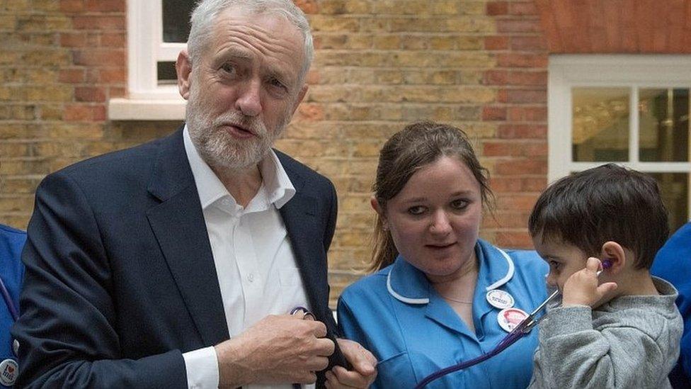 Jeremy Corbyn meets nurses on a visit to St Thomas' Hospital in London