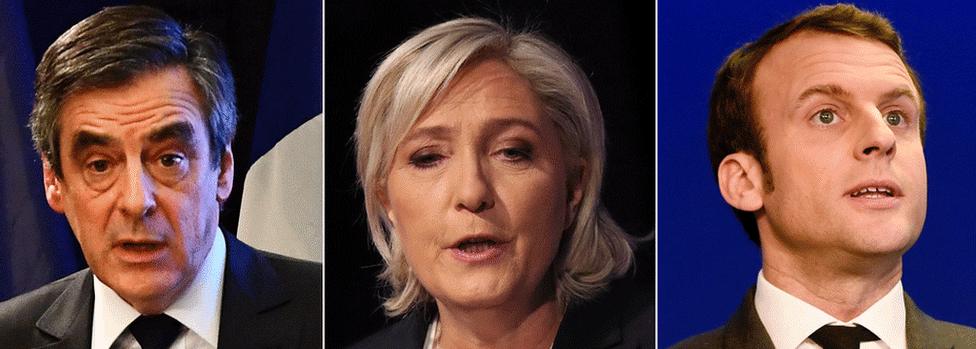 Francois Fillon of the Republicans, Marine Le Pen of the National Front and Emmanuel Macron of On The Move