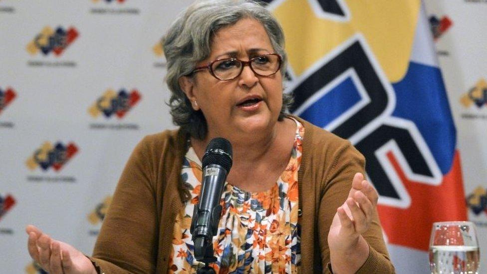 The president of Venezuela"s National Electoral Council (CNE) Tibisay Lucena, speaks during a meeting with representatives of the presidential candidates and the Defense Ministry, on May 9, 2018, in Caracas, Venezuela, ahead of the upcoming May 20 presidential election